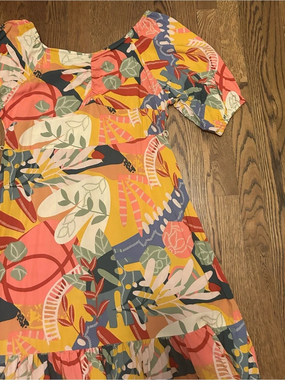 Tropical Floral Midi Dress in Coral, Yellow, Blue  balloon sleeve festive  235